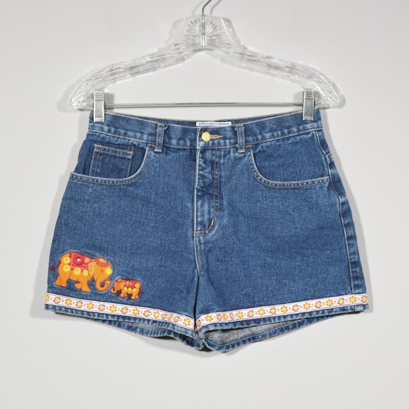 Vintage Y2K Limited Too Blue Denim Jean Embroidered Elephant Shorts Juniors 5 - Picture 1 of 3